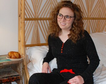 Confetti Black Pyjama Top, Long Sleeve Henley, Handmade in Britain