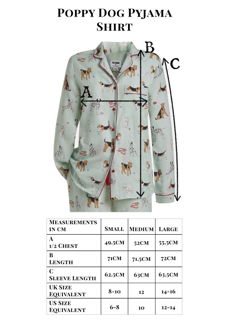 Pode incluir: Uma camisa de pijama verde com uma borda vermelha e um padr&atilde;o de c&atilde;es. A camisa tem um fecho de bot&otilde;es na frente e mangas compridas. As medidas da camisa est&atilde;o listadas numa tabela abaixo da imagem. As medidas est&atilde;o em cent&iacute;metros.
