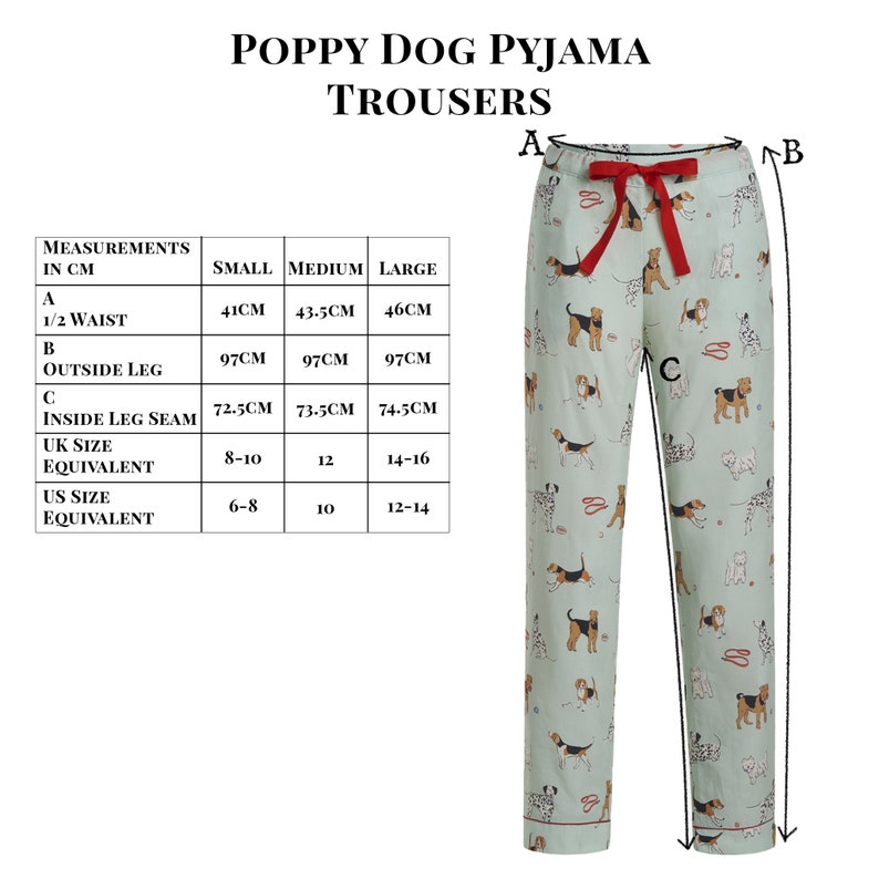 Pode incluir: Cal&ccedil;a de pijama verde com estampa de cachorro papoula branco e vermelho. A cal&ccedil;a tem uma fita vermelha na cintura e uma bainha vermelha na parte inferior. O gr&aacute;fico de tamanhos mostra as medidas em cent&iacute;metros para os tamanhos pequeno, m&eacute;dio e grande.