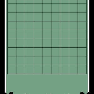 May include: A green grid-style planner with a black border and white accents. The planner has a series of squares and is decorated with black daisy-like flowers with smiley faces in each corner. White hearts and diamonds are at the bottom.