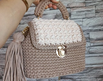 Handmade Crochet Shoulder Bag: Knit Cotton Purse with Gold Chain