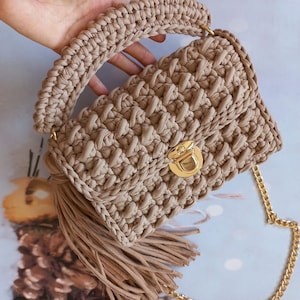 Bolsos de ganchillo, bolso cruzado tejido a mano, bolso de hombro con cadena dorada, bolso cruzado de hilo de algodón
