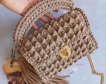 Hand Woven Crochet Crossbody Bag: Cotton Yarn Knit Handbag
