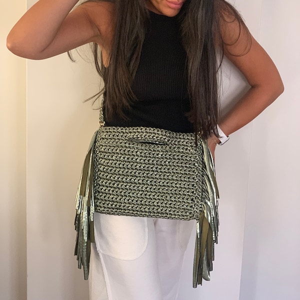 Crochet Bag,Shiny Bag,Metallic Yarn Bag,Knitted Crossbody Bag,Tassel Bag, Handmade Knit Bag,Unique Bag for Women, Friend Gifts