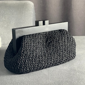 Crochet Bag,Handmade Purse,Raffia Straw Clutch Purse,Luxury Handmade Black Wodeen Bag, Knitted bags for women- Friends Gifts