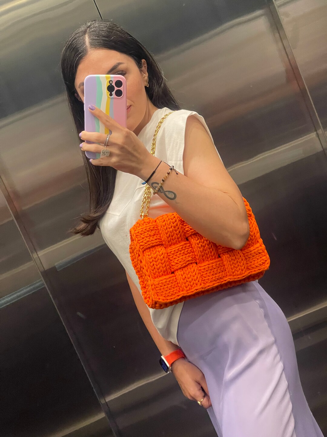 Crochet Luxury Shoulder Bag Knit Box Bag Gold Chain Capri Etsy