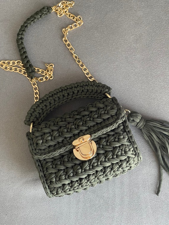 Crochet Bags, Capri Luxury Bag,gold Chain Shoulder Bag , Cotton Yarn  Crossbody Bag, Luxury Knit Handbag for Women, Friend Gifts 