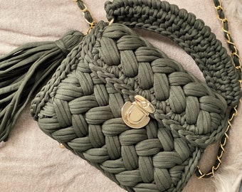 Häkeltasche, Luxus-Strick-Umhängetasche, Handtasche mit Goldkette, Capri-Tasche, handgewebte Umhängetasche, Geldbörse aus Baumwollgarn