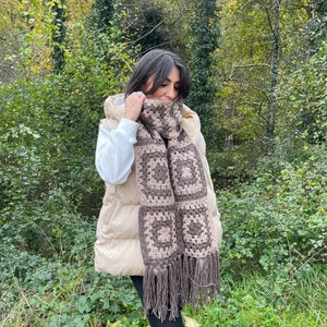 Crochet afghan scarf for women, Retro granny square scarf, Long cotton scarf for women, Stylish colorful scarf for Christmas gifts
