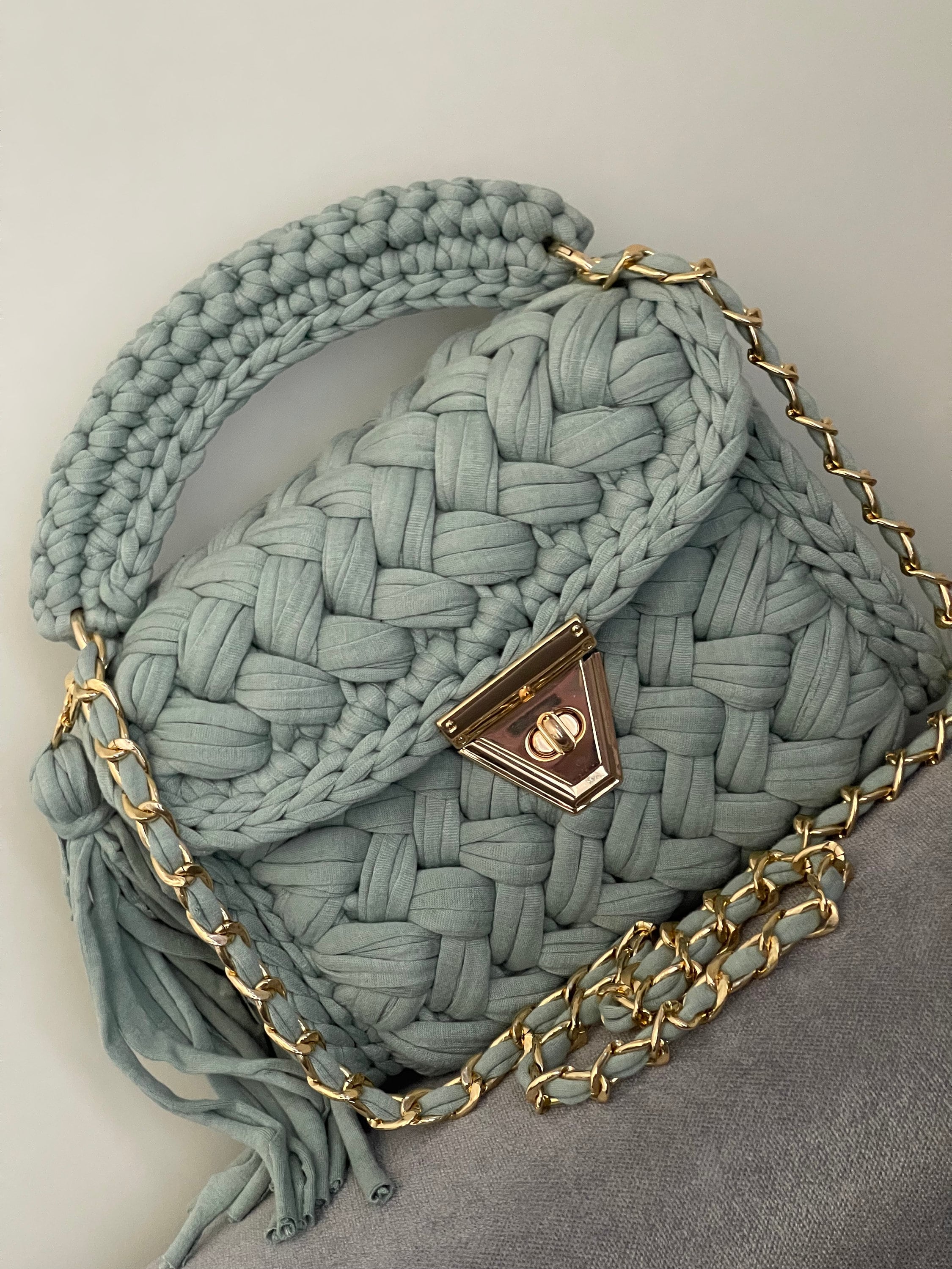 Crochet Bag, Luxury Knit Shoulder Bag, Gold Chain Handbag