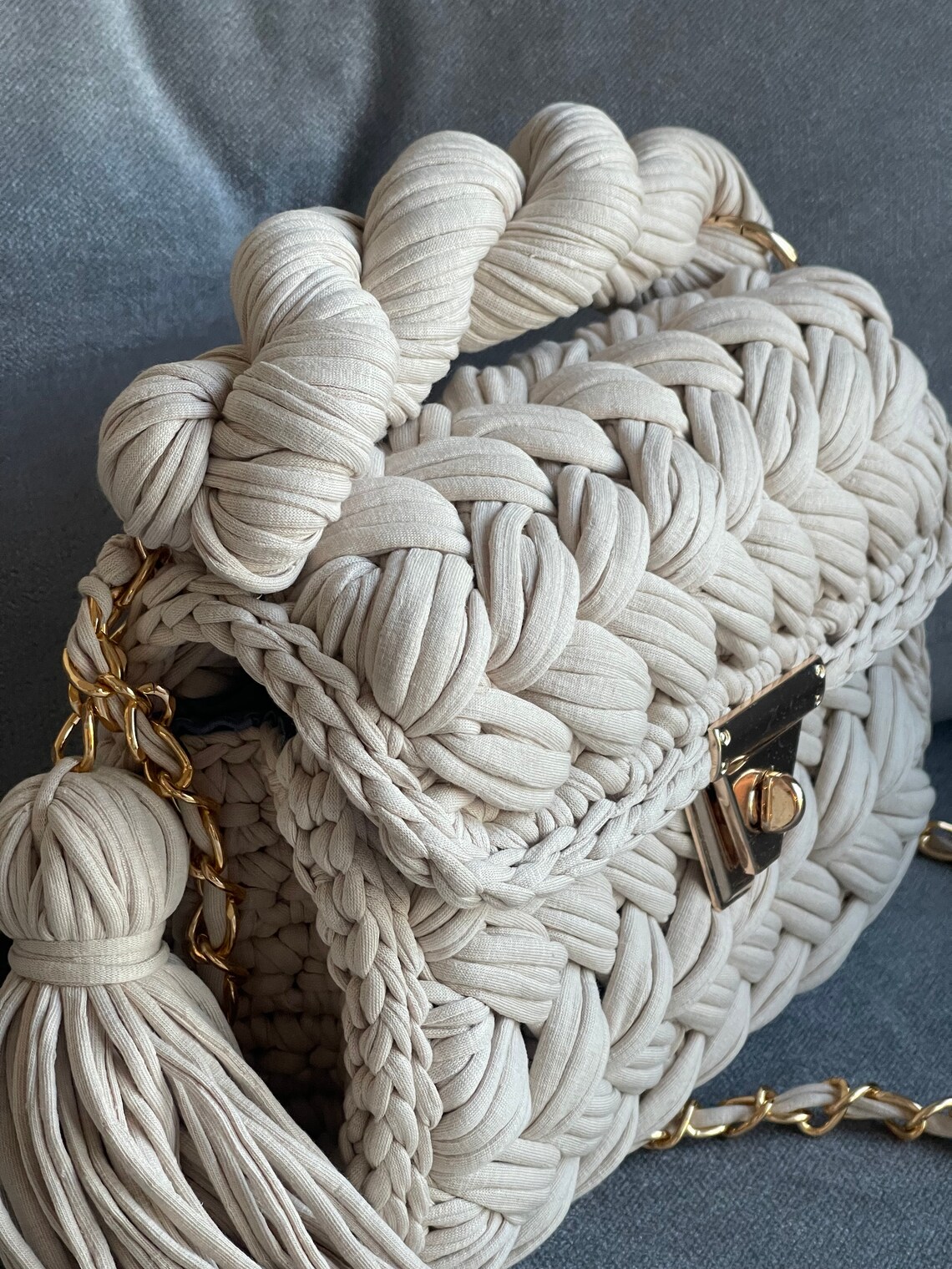 Crochet Bag Luxury Knit Shoulder Bag Gold Chain Etsy