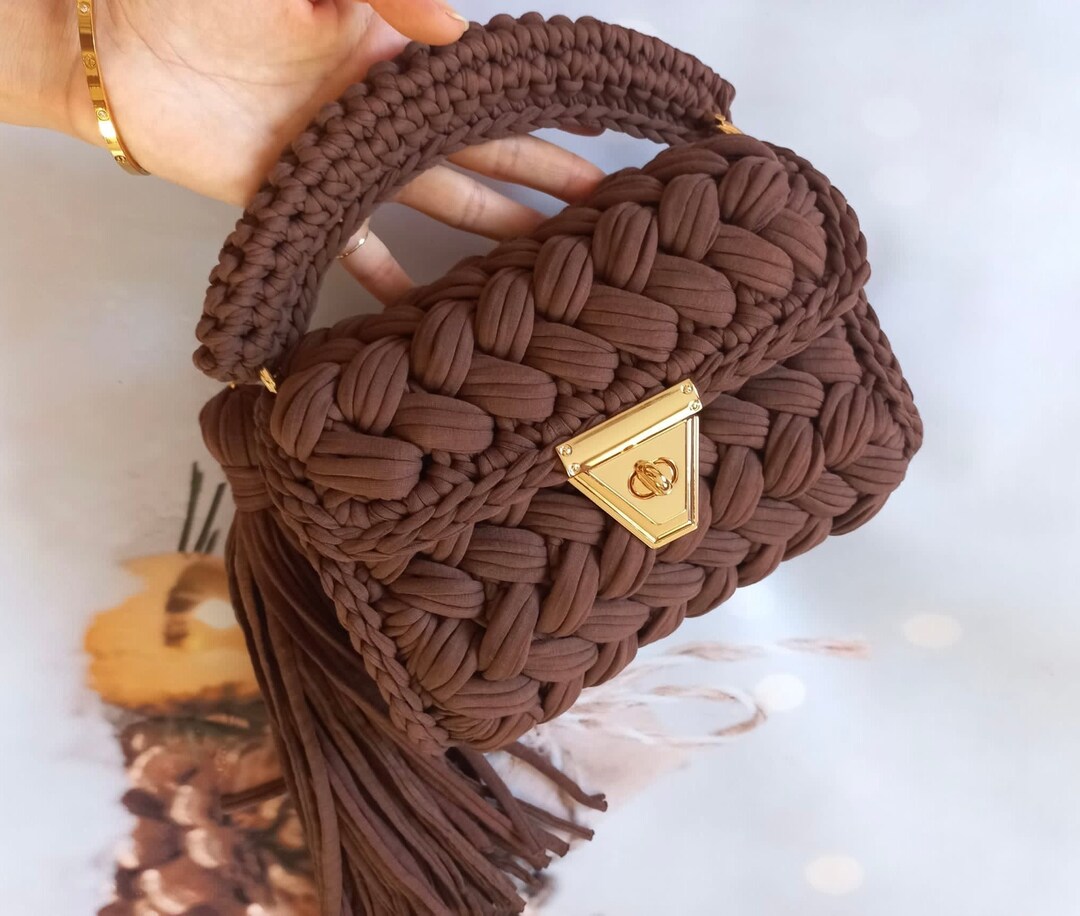 Crochet Shoulder Bag: Luxury Knit Cotton Yarn Handbag With Gold
