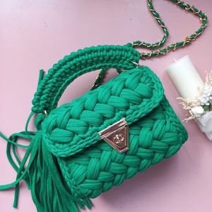 Gehäkelte Tasche, Luxus Strick Umhängetasche, Gold Kette Handtasche, Capri Tasche, Handgewebte Umhängetasche, Baumwollgarn Geldbörse, Tasche für Frauen, Freund Geschenke
