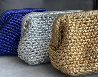 Crochet Clutch Bag,Shiny Gold Bag,Metallic Yarn Bag, Mini Clutch Bag, Gabigoldbagspl,Handmade Knit Bag, Evening Bag for Women, Friend Gifts