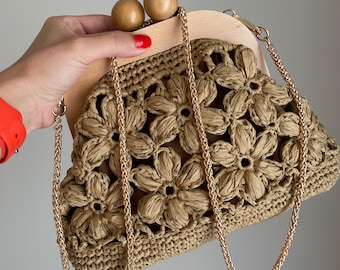 Crochet Raffia Bag, Beige Luxury Handbags, Mothers Day Gifts, Vintage Clutch Bag, Handmade with Motifs Clutch Bag for Women,Gift for Her