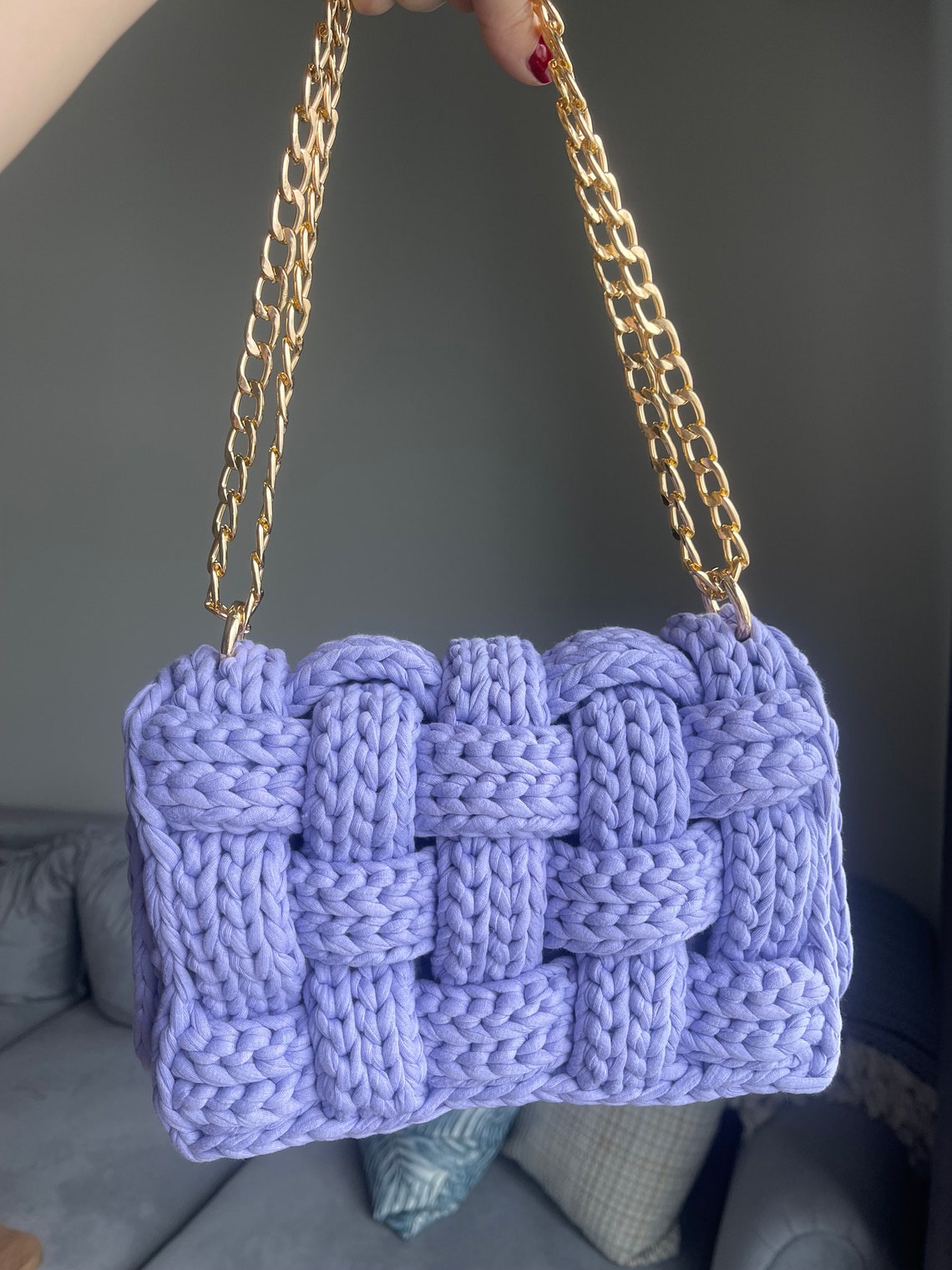 Crochet Luxury Shoulder Bag Knit Box Bag Gold Chain Capri Etsy