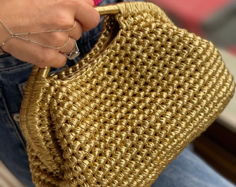 Gehäkelte Tasche, Metallic-Henkeltasche, Handtasche aus Metallic-Garn, Clutch, handgemachte Stricktasche, Abendtasche für Frauen