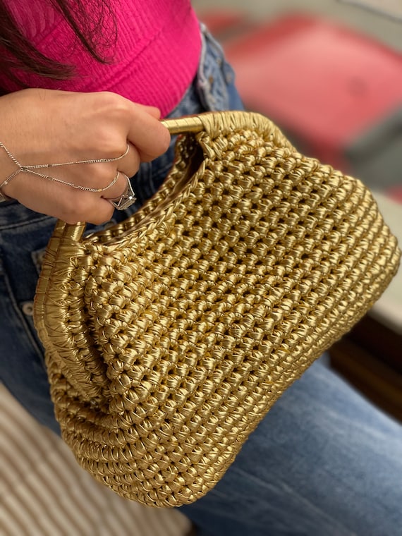 Metallic Gold Crochet Bag: Handmade Knit Evening Clutch