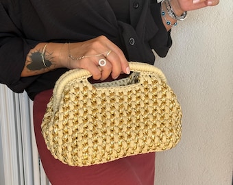 Handmade Raffia Crochet Clutch Bag: Metallic Knitted Fashion Bag