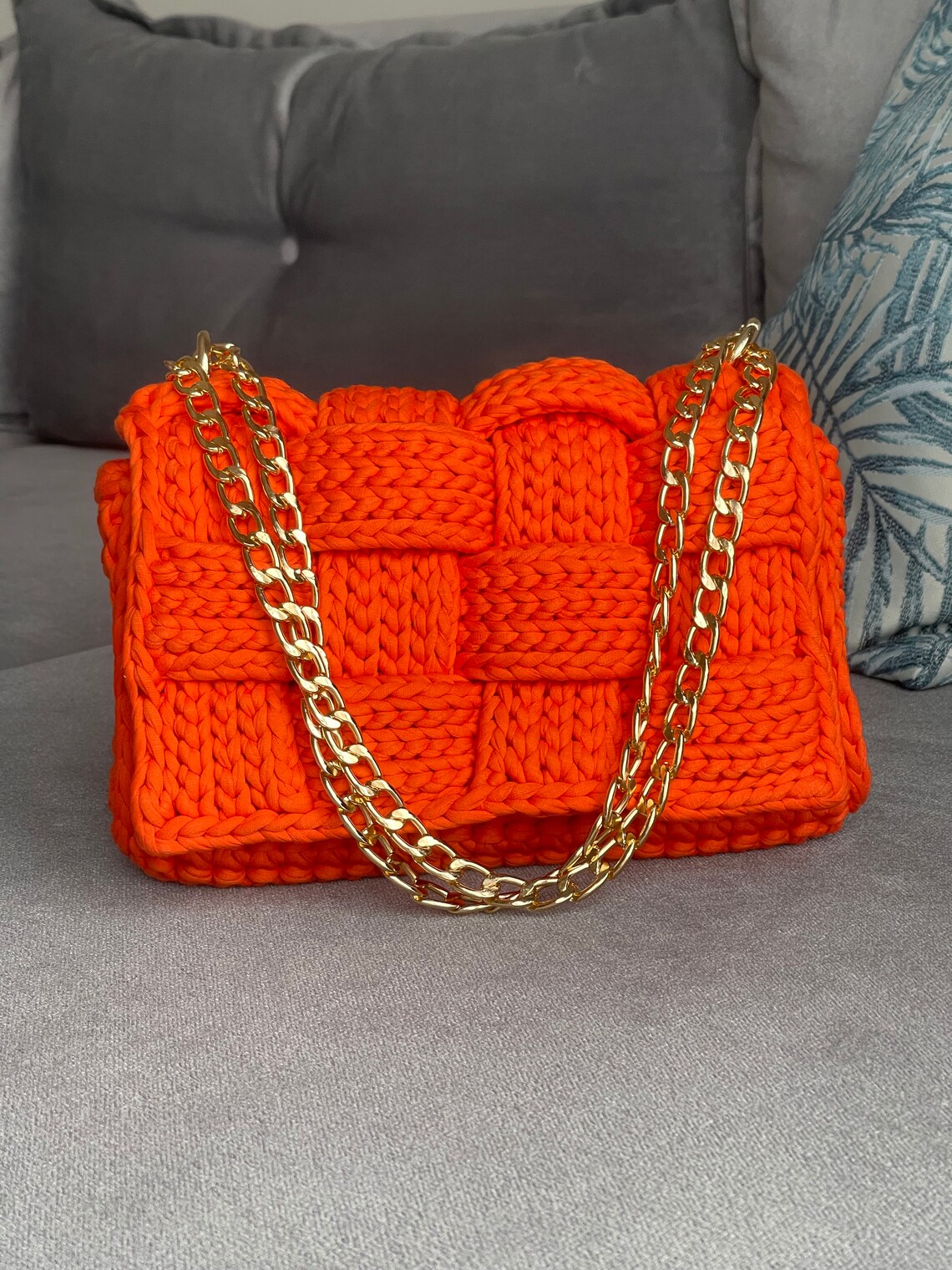 Crochet Luxury Shoulder Bag Knit Box Bag Gold Chain Capri Etsy