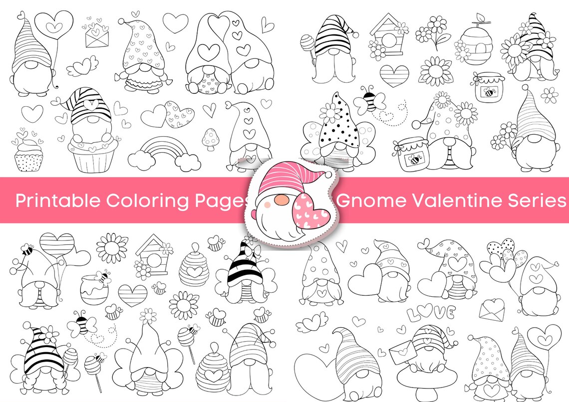 Gnome Valentine Coloring Pages Bulk Printable PDF Colorful | Etsy