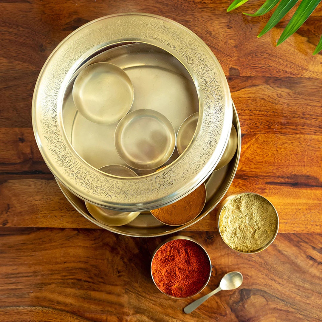 Floral Handetched' Spice Box With Spoon in Brass 7 Containers 100 Ml