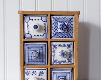 Vintage Blue & White Ceramic 6 Drawer Spice Cabinet | Hand-Painted Apothecary Organizer | Cottagecore Chinoiserie Trinket Box | Tasket