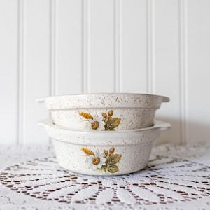 May include: Two stacked round ceramic bowls with a speckled off-white finish. Each bowl features a floral decal on the front depicting white daisies, golden wheat stalks, and green leaves. The bowls have small side handles and a smooth rim.