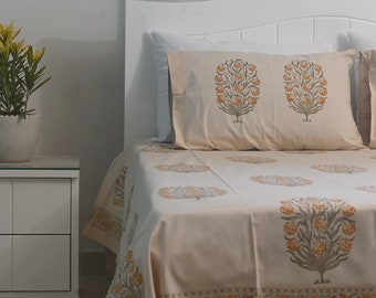 Tangerine Fruit Handblock Printed Hand made Bedsheet with two Pillow Covers; 100% Cotton