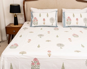 Florence Garden Handblock Printed Hand made Bedsheet with two Pillow Covers; 100% Cotton