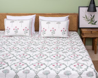 Amer Jaal Reversible Handblock Printed Hand made Cotton Quilted Bedcover with Two Pillow covers