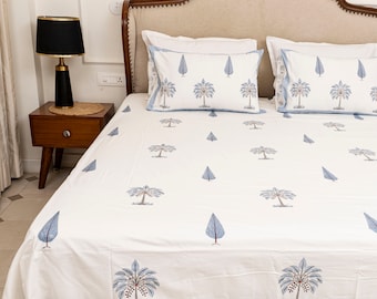 Coco Palm Handblock Printed Hand made Bedsheet with two Pillow Covers; 100% Cotton