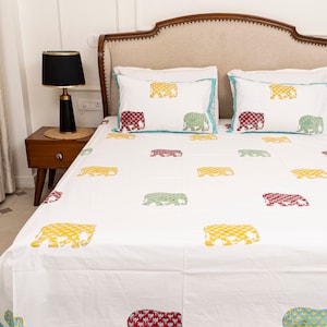 Colorful Haathi Handblock Printed Hand made Bedsheet with two Pillow Covers; 100% Cotton