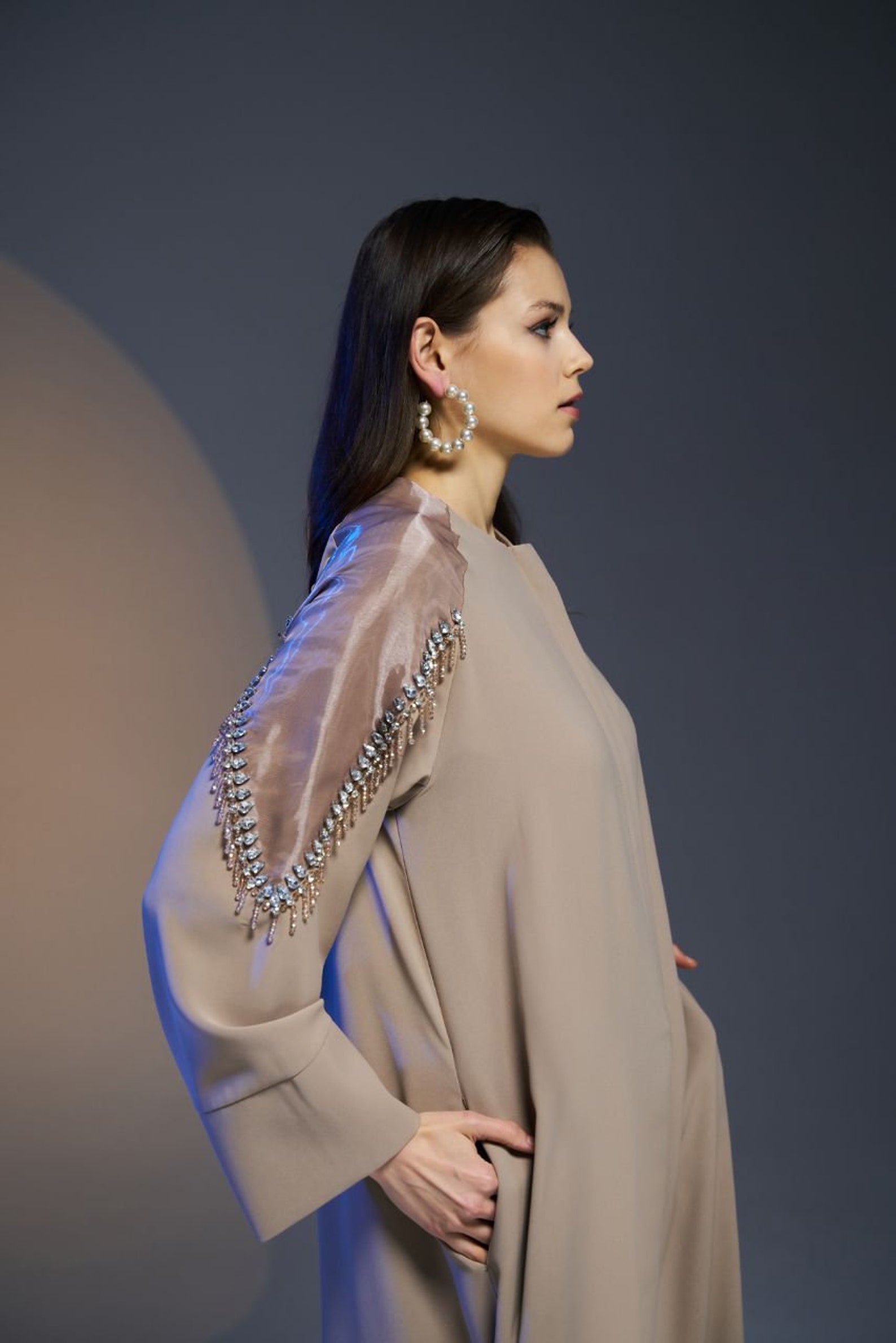Abaya-inspired ankle-length dress with flared sleeves and waist tie