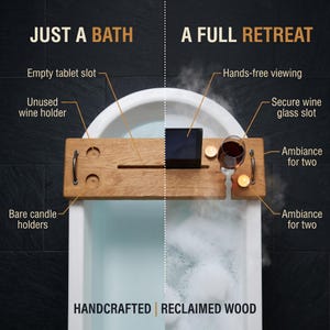 May include: A handcrafted, reclaimed wood bath tray with a tablet slot, wine glass holder, and candle holders. The tray is shown over a white bathtub with a glass of red wine and lit candles.
