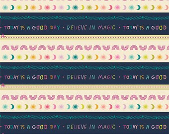 May include: A seamless pattern with a repeating design of pink, yellow, and blue rainbows, moons, and stars on a dark blue background. The text "TODAY IS A GOOD DAY BELIEVE IN MAGIC TODAY IS A GOOD" is repeated in a white font.