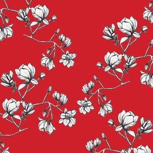 May include: A red background with a black and white floral pattern. The flowers are stylised and resemble magnolia blossoms.