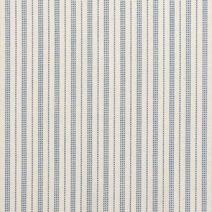 May include: Cream-colored fabric with vertical blue dotted stripes. The stripes are evenly spaced and run the length of the fabric. The pattern is simple and classic, suitable for various home decor or apparel projects.