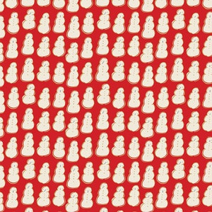 May include: A seamless pattern of white snowmen on a red background. The snowmen are drawn in a simple, cartoon style with black eyes and a carrot nose.