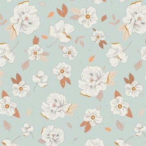 May include: A seamless pattern featuring white flowers with brown leaves on a light blue background. The flowers are stylized and have a delicate, feminine feel.