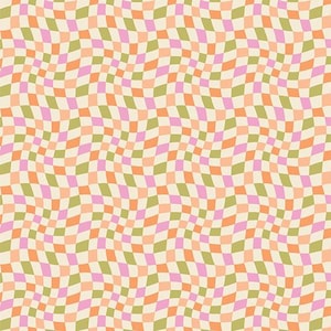 May include: A repeating pattern of wavy, distorted checkerboard squares. The squares are in shades of pink, orange, and green, set against a cream-colored background. The design creates a retro, psychedelic effect.