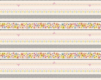 May include: A seamless pattern with a repeating design of floral stripes, dotted lines, and stitched lines in shades of pink, yellow, blue, and black on a white background.