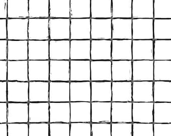 Könnte beinhalten: Ein sich wiederholendes Muster aus schwarzen, handgezeichneten Gitterlinien auf weißem Hintergrund. Die Linien bilden gleichmäßig verteilte Quadrate und erzeugen ein strukturiertes, künstlerisches Design. Die unvollkommenen Linien verleihen der Grafik ein handgemachtes Gefühl.