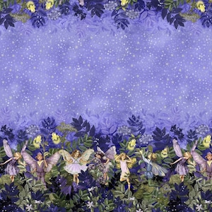 May include: A whimsical illustration of fairies dancing in a forest at night. The fairies are wearing colorful dresses and have wings. The background is a purple sky with white stars.
