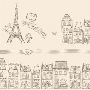 May include: A black and white line drawing of a Parisian cityscape with the Eiffel Tower, houses, and hearts. The drawing is on a beige background.