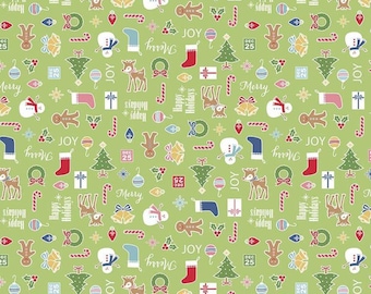 May include: A green fabric with a repeating pattern of Christmas-themed illustrations. The pattern includes reindeer, candy canes, baubles, snowmen, gingerbread men, Christmas trees, bells, and the words "Merry", "Joy", and "Happy Holidays".