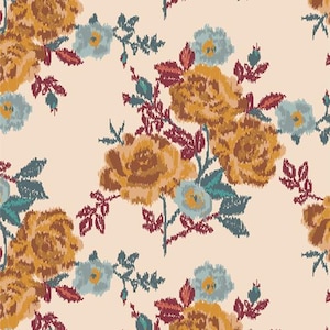 May include: A repeating pattern of stylized floral bouquets. The design features large, textured roses in shades of gold and brown, accented by smaller blue and teal flowers. Burgundy leaves and stems are scattered across a cream-colored background.