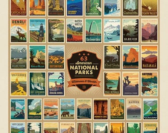 May include: A poster featuring 63 American National Parks, each represented by a vintage-style travel advertisement. The poster includes parks like Acadia, Arches, and Yosemite, with the text "63 American National Parks Wilderness & Wonder."