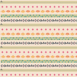 May include: A seamless pattern with a repeating design of floral and geometric motifs. The pattern features a light beige background with rows of pink crosses, orange flowers, green leaves, and black floral vines.