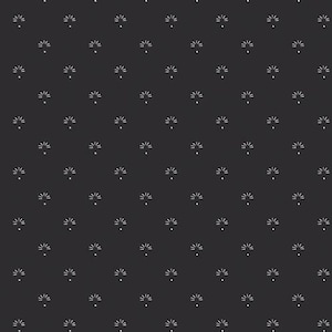 May include: A black and white seamless pattern with a repeating design of a small white sunburst with a dot in the center.